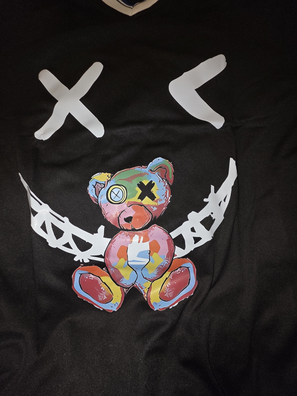 Black Short Sleeve Graphic Tee with Colorful Teddy Bear